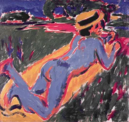 Blauer liegender Akt mit Strohhut, 1908