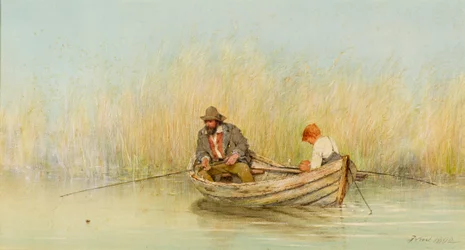 Studie eines Mannes und eines Jungen beim Angeln von einem Boot
