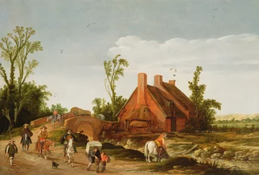 Waldlandschaft mit Reisenden auf einem Weg, 1624