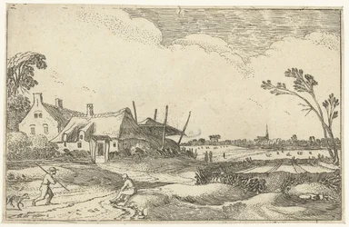 Bauernhof an einem Weg und Aussicht über Felder