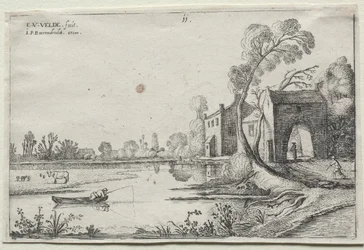Landschaft mit einem Fluss und einem Torhaus
