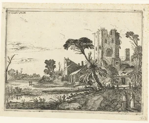 Zwei Mönche auf einem Pfad entlang eines verfallenen Turms