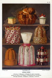 Verschiedene Kuchen: Brioche, Lack, Mandelpastete mit Sahne und Erdbeeren, Croquenbouche de Genoise, Pariser Nougat, Biskuit, Sultane, Breton - Tafel Nr. 2 aus dem Patisserie-Buch von Jules Gouffe, Offizier de bouche du Jockey-Club de Paris