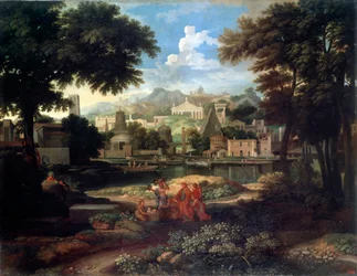 Landschaft mit Moses, der aus dem Nil gerettet wird, spätes 17. oder 18. Jahrhundert