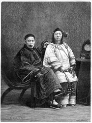 Paar chinesischer Würdenträger aus San Francisco (Vereinigte Staaten) im 19. Jahrhundert. Gravur nach einer Zeichnung von Ronjat, nach einem Foto, in „Le Tour du Monde, Nouveau journal des Voyages“, herausgegeben von Edouard Charton, Paris