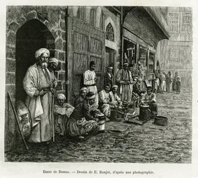 Basar von Damaskus. Gravur von E. Ronjat, zur Illustration der Geschichte La Syrie d