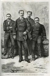 Mitglieder der Erkundungsmission: (von links nach rechts:) Herr Pietri, Artillerieleutnant, verantwortlich für die Leitung des Konvois, Kommandant Gallieni, Autor der Geschichte, Dr. Tautain, Marinearzt, rekrutiert für sein Wissen über Ethnographie und Nat