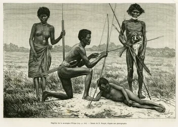 Negritos vom Yriga-Berg. Gravur von E. Ronjat zur Illustration der Geschichte „Lucon und Palaouan, sechs Jahre auf den Philippinen“ von Alfred Marche (1844-1898), veröffentlicht in Le Tour du monde 1886