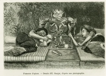 Opiumraucher. Gravur von E. Ronjat, nach einem Foto, zur Illustration der Geschichte „Dreißig Monate in Tonkin“ 1884, von Doktor Hocquard, in Le Tour du monde 1889, herausgegeben von Edouard Charton (1807-1890), Hachette, Paris.