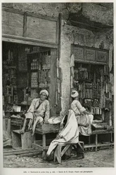 Perlenhändler in Jaffa (Israel). Gravur von E. Ronjat zur Illustration von La Syria d