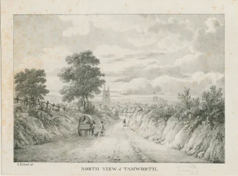 Tamworth - Fernansicht von Norden: Lithographie, undatiert [1796-1865]