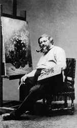 Gustave Courbet (1819-1877) französischer Maler in seinem Atelier, ca. 1876, Foto von Etienne Carjat