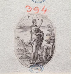 Allegorie des Sehens, eine Frau zeigt den Himmel (Gravur)