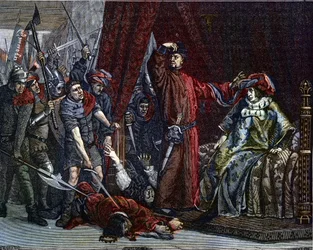 Hundertjähriger Krieg: „Der Dauphin Karl (später Karl V.) (1338-1380) (der erste Dauphin Frankreichs) und Étienne Marcel (1302/1310-1358), der die beiden Minister (Marschälle) Robert de Clermont und Jean de Conflans im Zimmer des französischen Dauphins