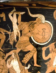 Etruskische Antike: Glockenkrater mit Darstellung der Zerstörung Trojas: Detail, das zeigt, wie Neoptolemos Astyanax, den Sohn Hektors, über die Mauern wirft. Aus Falerii Veteres (Civita Castellana). 350-300 v. Chr. Rom, Museo Nazionale di Villa Giulia