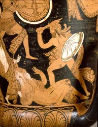 Etruskische Antike: Glockenkrater mit der Darstellung der Zerstörung Trojas: Detail mit der Tötung des Priamos durch Neoptolemos. Aus Falerii Veteres (Civita Castellana). 350-300 v. Chr. Rom, Museo Nazionale di Villa Giulia