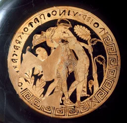 Etruskische Antike: Detail einer Kylix mit der Darstellung von Dionysos und Ariadne. Aus Falerii Veteres (Civita Castellana), 6. Jahrhundert v. Chr. Rom, Museo Nazionale di Villa Giulia