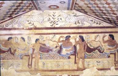 Etruskisches Grab der Leoparden, Fresko zeigt Bankettszene, Tarquinia. 5. Jahrhundert v. Chr., Italien