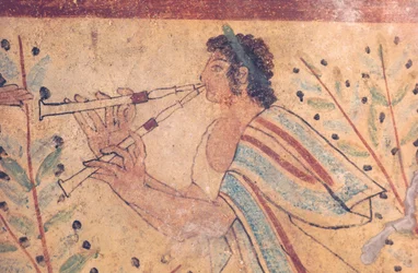 Etruskische Kunst: ein Flötenspieler. Detail eines Freskos im Grab der Leoparden, in der Nekropole von Monterozzi, Italien, Anfang des 5. Jahrhunderts v. Chr.