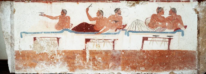 Etruskische Kunst: Bankettszene. Fresko aus dem Grab des „Tauchers“. Vom südlichen Friedhof von Paestum. 480-470 v. Chr. Archäologisches Nationalmuseum, Paestum
