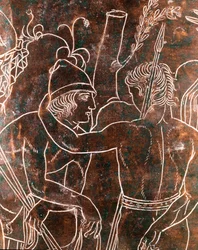 Etruskische Kunst: Detail des bronzenen Ficoroni-Cistus, das die Legende der Argonauten darstellt. Aus Preneste (Palestrina). 340 v. Chr. Museo Nazionale di Villa Giulia, Rom
