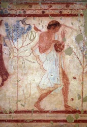 Etruskische Kunst: Fresken mit Bankettszenen, Detail mit einem Leierspieler. Grab der Triklinien. 5. Jahrhundert v. Chr. Archäologisches Nationalmuseum von Tarquinia, Italien
