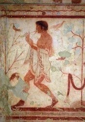 Etruskische Kunst: Fresken, die Bankettszenen darstellen, Detail eines Flötenspielers. Grab des Trikliniums. 5. Jahrhundert v. Chr. Nationales Archäologisches Museum von Tarquinia, Italien