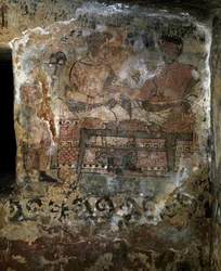 Etruskische Zivilisation: Larth Velcha und seine Frau Velia Seithi, bei einem Bankett auf einem Fresko des Grabes der „Schilde“ (Tomba degli Scudi) dargestellt, 340 v. Chr. Nekropole von Monterozzi, Tarquinia, Italien