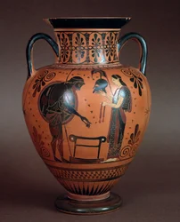 Etruskische Zivilisation: Terrakotta-Hydria, die Thetis zeigt, wie sie ihrem Sohn Achilles Waffen übergibt, 550-500 v. Chr. Aus Cerveteri, Italien