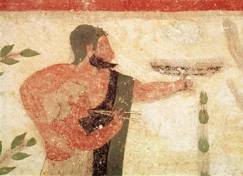 Kopf eines Mannes und eines Kindes, die eine Doppelflöte spielen, aus dem Grab des Barons, um 500 v. Chr. Wandmalerei (Detail)