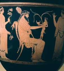 Krater (große Vase) vom Altamura-Maler, Detail zeigt Dionysos. Rotfigurige Keramik. Etruskische Zivilisation, 5.-4. Jh. v. Chr.