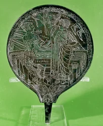 Spiegel, der Aphrodite zeigt, wie sie Helena überredet, Paris nach Troja zu folgen, aus Palestrina