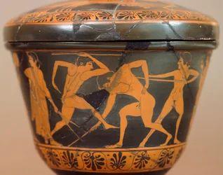 Pyxis mit Athleten im Gymnasium. Rotfigurige Keramik aus Cerveteri (Latium). Etruskische Zivilisation, 4. Jahrhundert v. Chr.