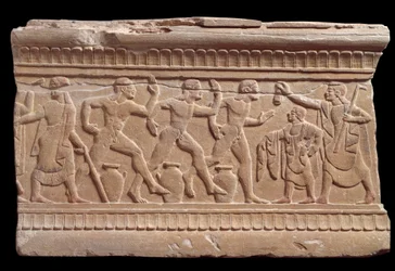 Relief mit einem Athletenrennen von einem Marmormehrstein von Chiusi, Italien, 6. Jahrhundert v. Chr.