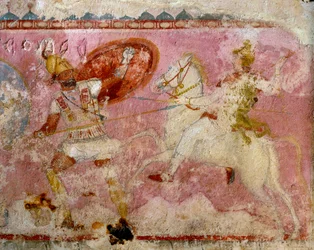 Sarkophag der Amazonen mit gemalter Kampfszene, weißer Kalkstein, aus Tarquinia, Latium, Italien, Detail