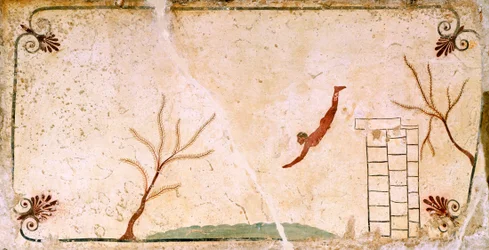 Taucher, ca. 480-490 v. Chr., dekoratives Fresko von der Deckplatte des Grabes des Tauchers in Paestum, Kampanien, Italien, 5. Jahrhundert v. Chr.