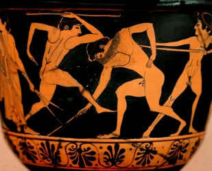 Etruskische Kunst: Pyxis dekoriert mit einer Palestra-Szene, Athleten üben Speerwerfen aus Cerveteri. Rom, Museo di Villa Giulia