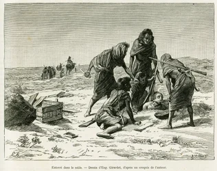 Im Sand begraben. Stich von Eugène Girardet zur Illustration des Berichts Fünf Monate unter den nomadischen Mauren der Westsahara, 1887, von Camille Douls, in Le Tour du monde 1888, unter der Leitung von Édouard Charton (1807-1890), Hachette, Paris.