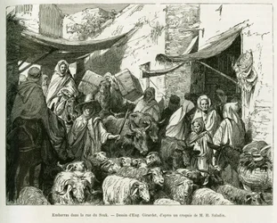 Verlegen in der Teboursouk-Souk-Straße. Gravur von Eugene Girardet, zur Illustration der Geschichte „Voyage en Tunisie“, von R. Cagnat und H. Saladin, im Tour du monde 1888, unter der Leitung von Edouard Charton (1807-1890).