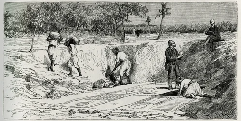 Ausgrabungen auf dem christlichen Friedhof von Lamta, mit beiden Missionsbeauftragten. Gravur von Eug. Girardet, zur Illustration der Geschichte "Die Reise nach Tunesien" von Rene Cagnat