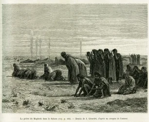 Das Maghreb-Gebet in der Sahara. Stich von J. Girardet zur Illustration des Berichts „Cinq mois chez les Maures nomades du Sahara occidental“ aus dem Jahr 1887 von Camille Douls, in „Le Tour du monde“ 1888, unter der Leitung von Édouard Charton