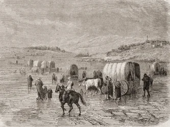 Ein Wagenzug, der in den 1860er Jahren nach Westen zieht, graviert von Stephane Pannemaker (1847-1930)