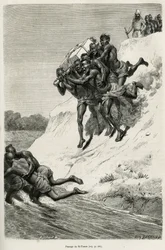 Der Durchgang des Riviere Se Touon (Se Touon), im Hintergrund ein Porträt des reisenden Erzählers, graviert nach einer Zeichnung von Eugene Burnand, zur Illustration der Geschichte von Laos und den wilden Bevölkerungen Indochinas, von Dr. Harmand, 1877, ve