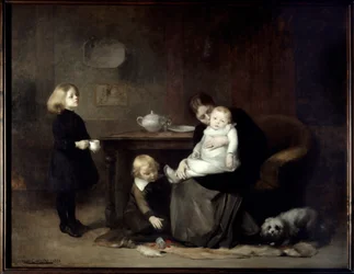 Das kranke Kind. Eine verwitwete Mutter küsst ihr krankes Baby. 1885, Maße: 2 x 2,46 m, Paris, Musée d