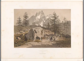 Landschaft mit Wanderern und Blick auf die Aiguille des Grands Charmoz