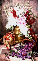 Stillleben mit Blumen in einer Messingurne und Obst in Körben