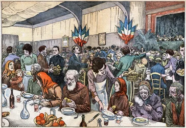 Ein Bankett für die Armen (Wohltätigkeit - Wohltätigkeitsausschuss - Katholische Hilfe - Suppe - Schirmherrin). Am Weihnachtstag 1927 organisierte Kardinal Ferrari (in Paris von Abbe Rivota geleitet) eine Messe für die Armen, gefolgt von einem Bankett mit 