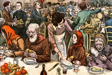 Ein Bankett für die Armen (Wohltätigkeit - Wohltätigkeitsausschuss - Katholische Hilfe - Suppe - Schirmherrin). Am Weihnachtstag 1927 organisierte Kardinal Ferrari (geleitet in Paris von Abbe Rivota) eine Messe für die Armen, gefolgt von einem gedeckten Ba