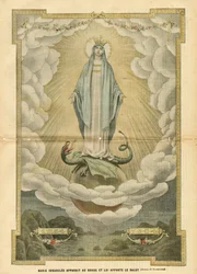 Illustration von Eugene Damblans (1865-1945) in Le Pelerin, 04/12/04 - Maria Immaculée erscheint der Welt und bringt ihr Heil - Religion Glaube, Katholisch Katholizismus - Unbefleckte Empfängnis - Maria, Drache - Wolken - Erde