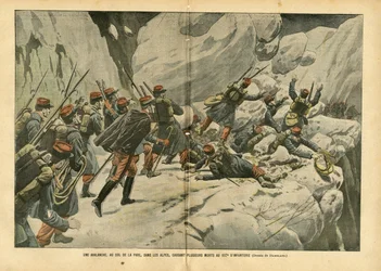 Illustration von Eugene Damblans (1865-1945) in Le Pelerin, 06/03/04 - Eine Lawine am Pare-Pass in den Alpen verursacht mehrere Todesfälle beim 157. Infanterieregiment